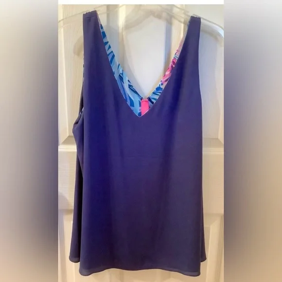 LILLY PULITZER Mr. Peacock Blue Tweethearts reversible Florin v-neck tank - Picture 3 of 5